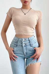 Fashion Women Scoop Neck Short Sleeve Crop Tops