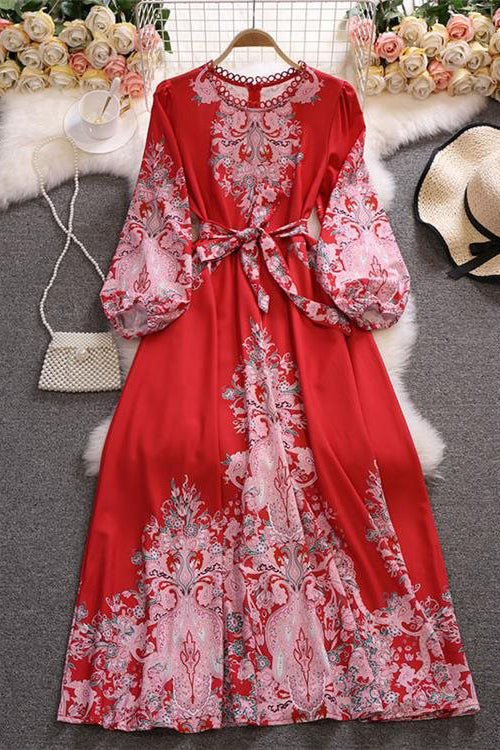 Retro Women Floral Long Sleeve Strappy Dress