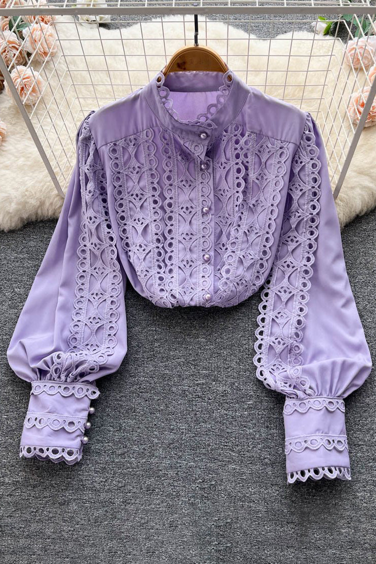 Fashion Women Lace Hollow Long Sleeve Tops