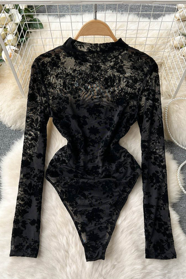 Sexy Women Lace Embroidery Long Sleeve Bodysuits