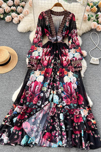 Women Fashion Chiffon Print V-Neck Long Sleeve Dress