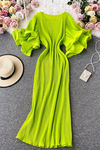 Sexy Women Lace Pleated Short Sleeve Maxi Dress