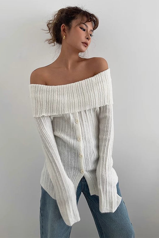 Off Shoulder Ruched Top Buttoned Front Sweater