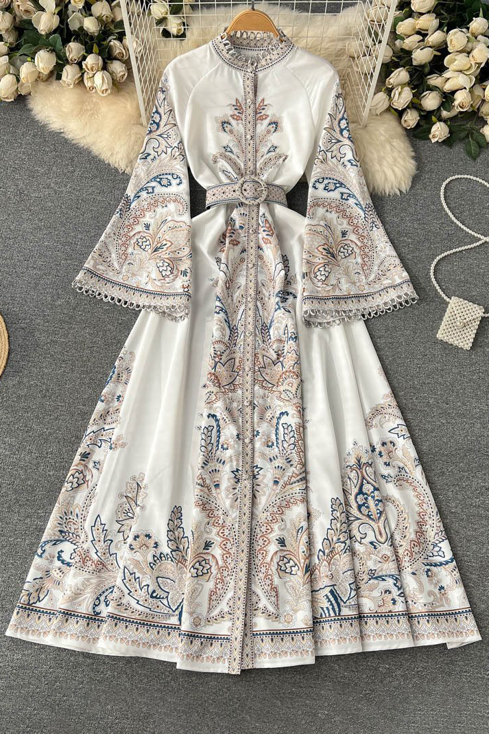 Retro Women Lace Long Sleeve Print Maxi Dress