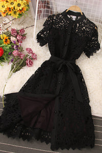 Fashion Women Lace Hollow Short Sleeve Buttons Maxi Dress