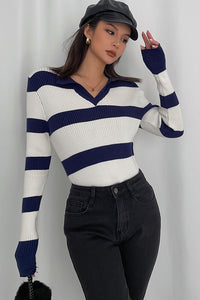 Women's Striped Printed Ribbed Long Sleeve Sweater Sweatshirt