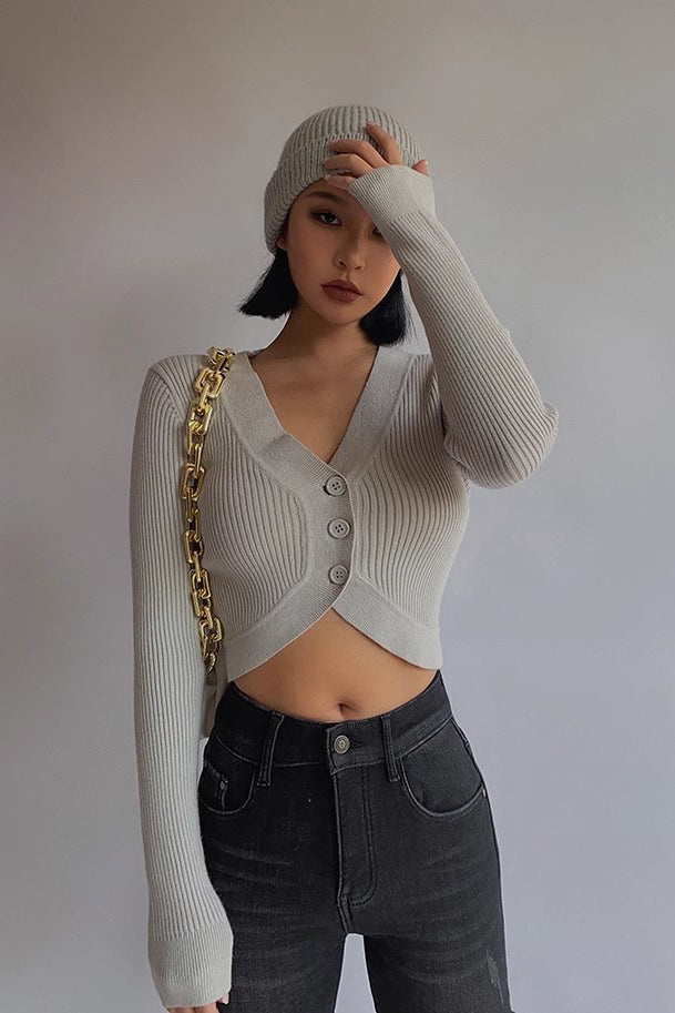 Women's Rib-knit Buttoned Front Crop Sweater
