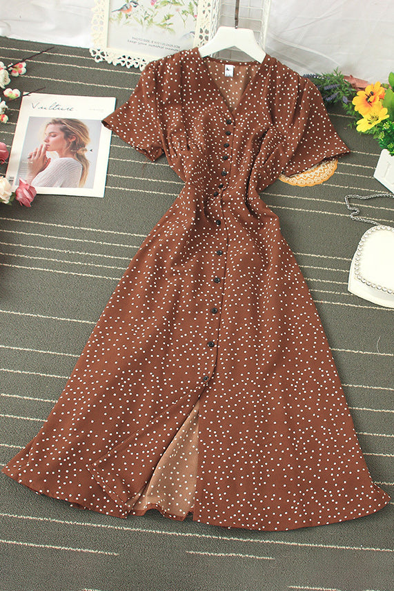 Fashion Women Polka Dots Short Sleeve Buttons Maxi Dress