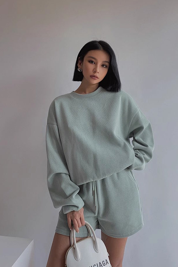 Solid Long Sleeve Sweater Sweatshirt and Drawstring Waist Short Two Piece Set