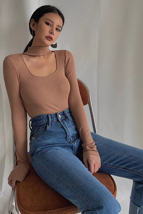 Women's Ribbed Long Sleeve Cut Out Tops Shirt