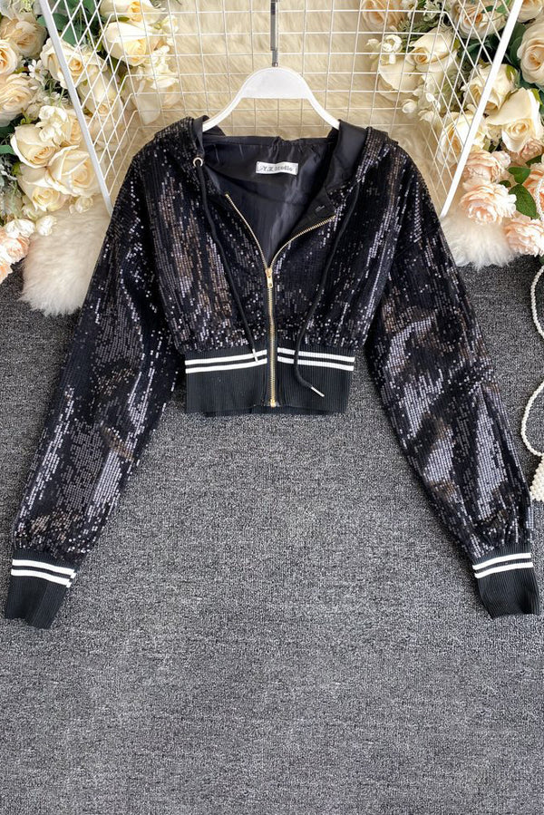 Fashion Women Sequin Zip Hooded Crop Cardigan Jacket Coat