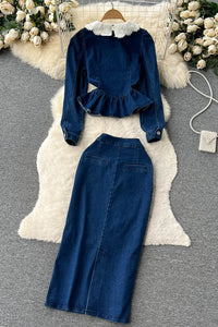 Fashion Women Lace Neck Buttons Long Sleeve Jeans Top Jeans Skirt Set Two-Piece