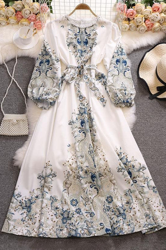 Retro Women Floral Long Sleeve Strappy Dress