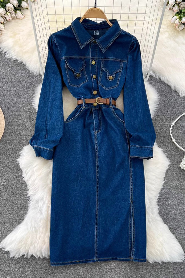 Fashion Women Long Sleeve Buttons Denim Maxi Dress