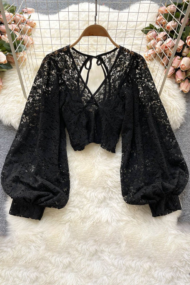 Sexy Women Lace Hollow Long Sleeve Crop Tops