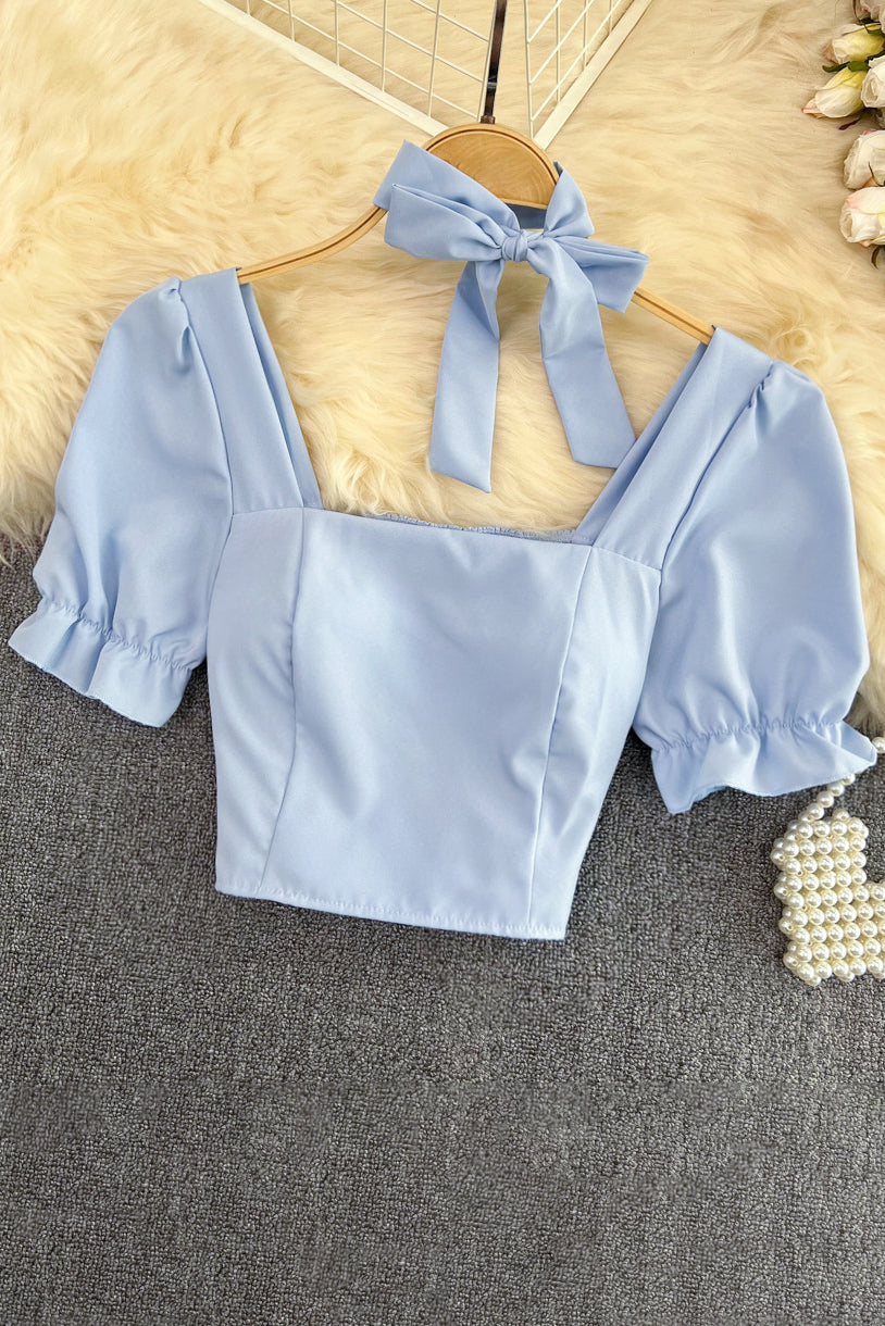 Sexy Women Bow Square Neck Short Sleeve Crop Top