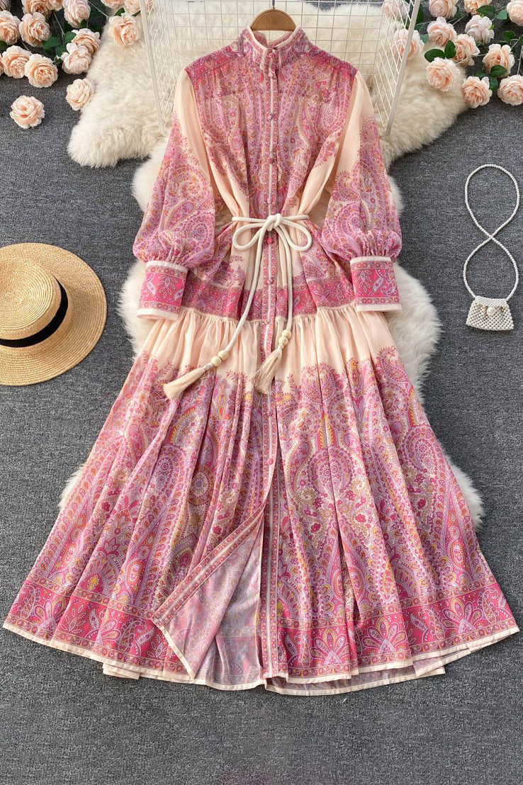 Fashion Women Print Buttons Strappy Long Sleeve Maxi Dress