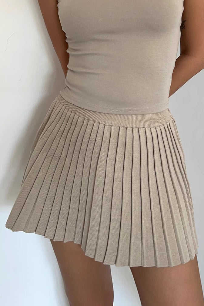 Solid Ribbed Pleated Flared Hem Skirt