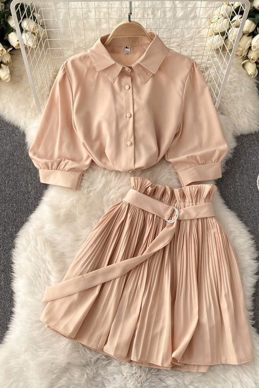 Fashion Women Short Sleeve Shirt Tops Pleated Skirt Set Two-Piece