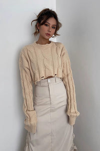 Ripped Crew Neck Cable Knit Crop Sweater