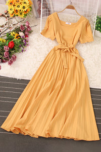 Fashion Women Short Sleeve Strappy Pleated Maxi Dress