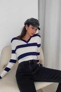 Women's Striped Printed Ribbed Long Sleeve Sweater Sweatshirt