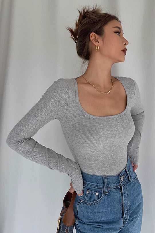 Women's Long Sleeve Scoop Neck Ribbed Tops Fitted Basic Shirts