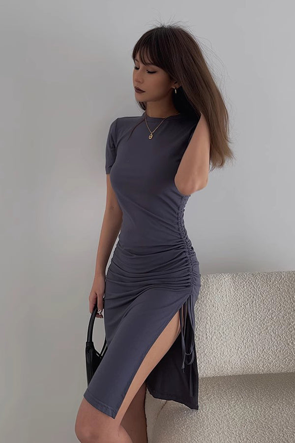 Solid Short Sleeve Drawstring Side Split Dress