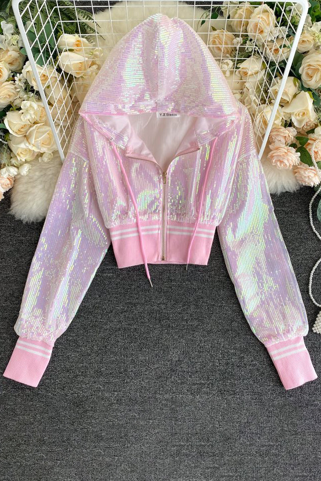 Fashion Women Sequin Zip Hooded Crop Cardigan Jacket Coat