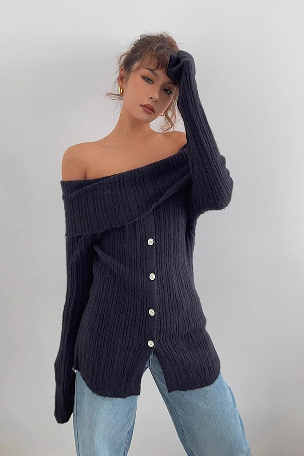 Off Shoulder Ruched Top Buttoned Front Sweater