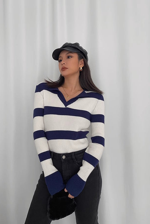 Women's Striped Printed Ribbed Long Sleeve Sweater Sweatshirt