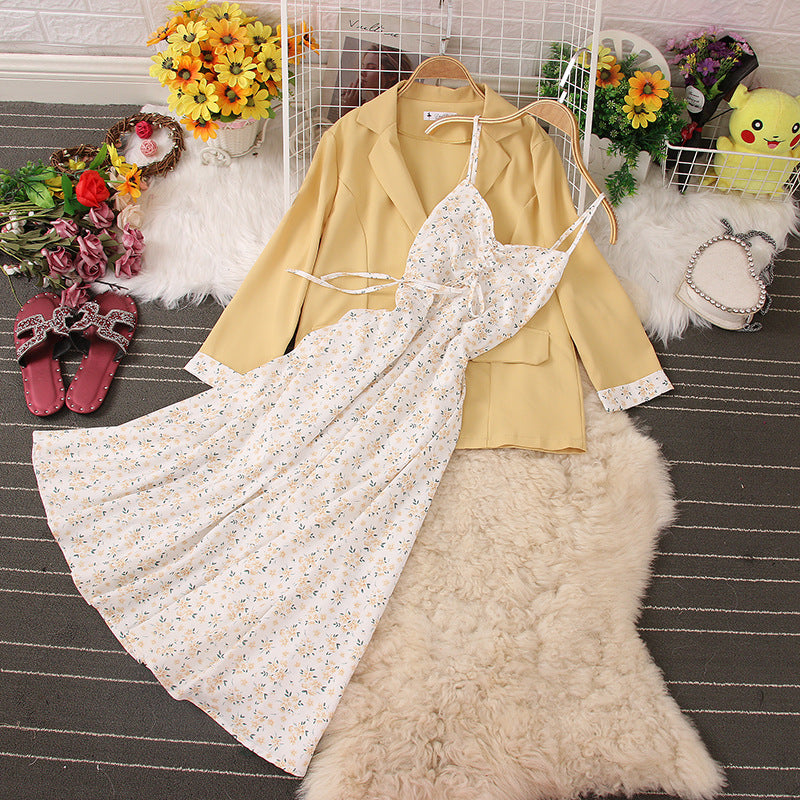 Fashion Women Floral Strap Maxi Dress Coat Set Two-Piece