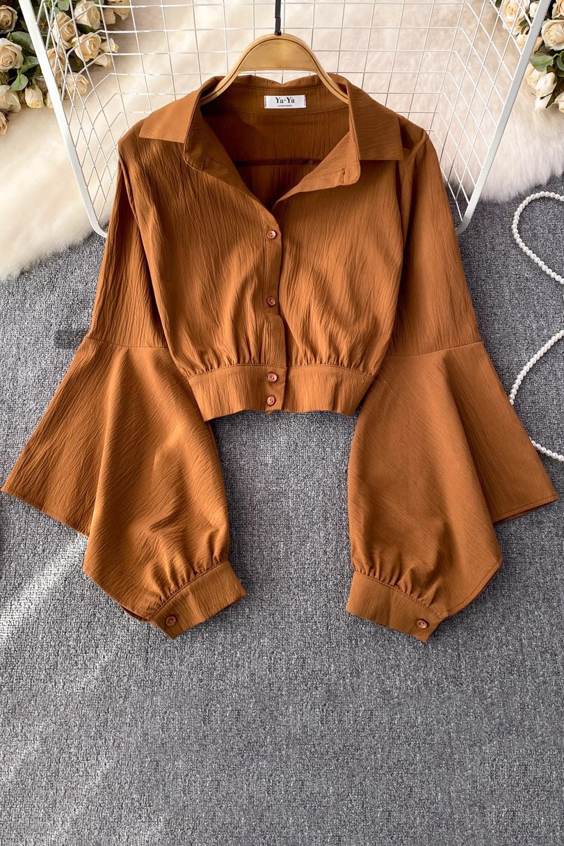 Fashion Women Long Sleeve Buttons Crop Shirt Top