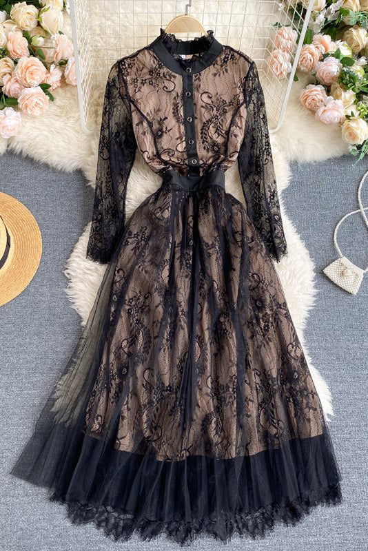 Sexy Women Lace Gauze Hollow Long Sleeve Maxi Dress