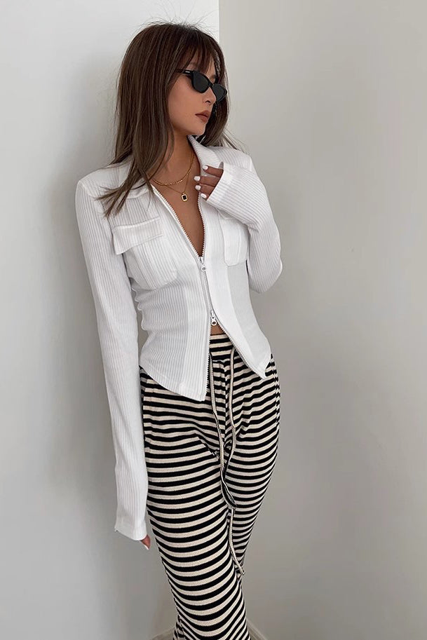 RIB STRIPE ZIP SHIRT TUCK PANTS 白　ホワイト short sleeve zip shirt - White | Weekday WW