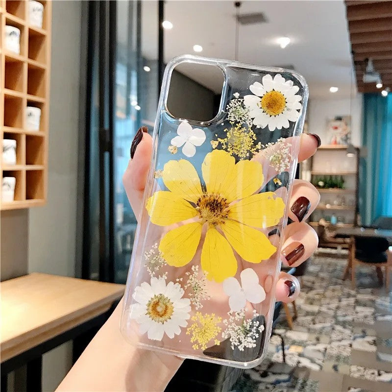 Real Dry Sunflower Phone Case For iPhone 11 12 13 14 15 Soft TPU Epoxy Clear Back Cover