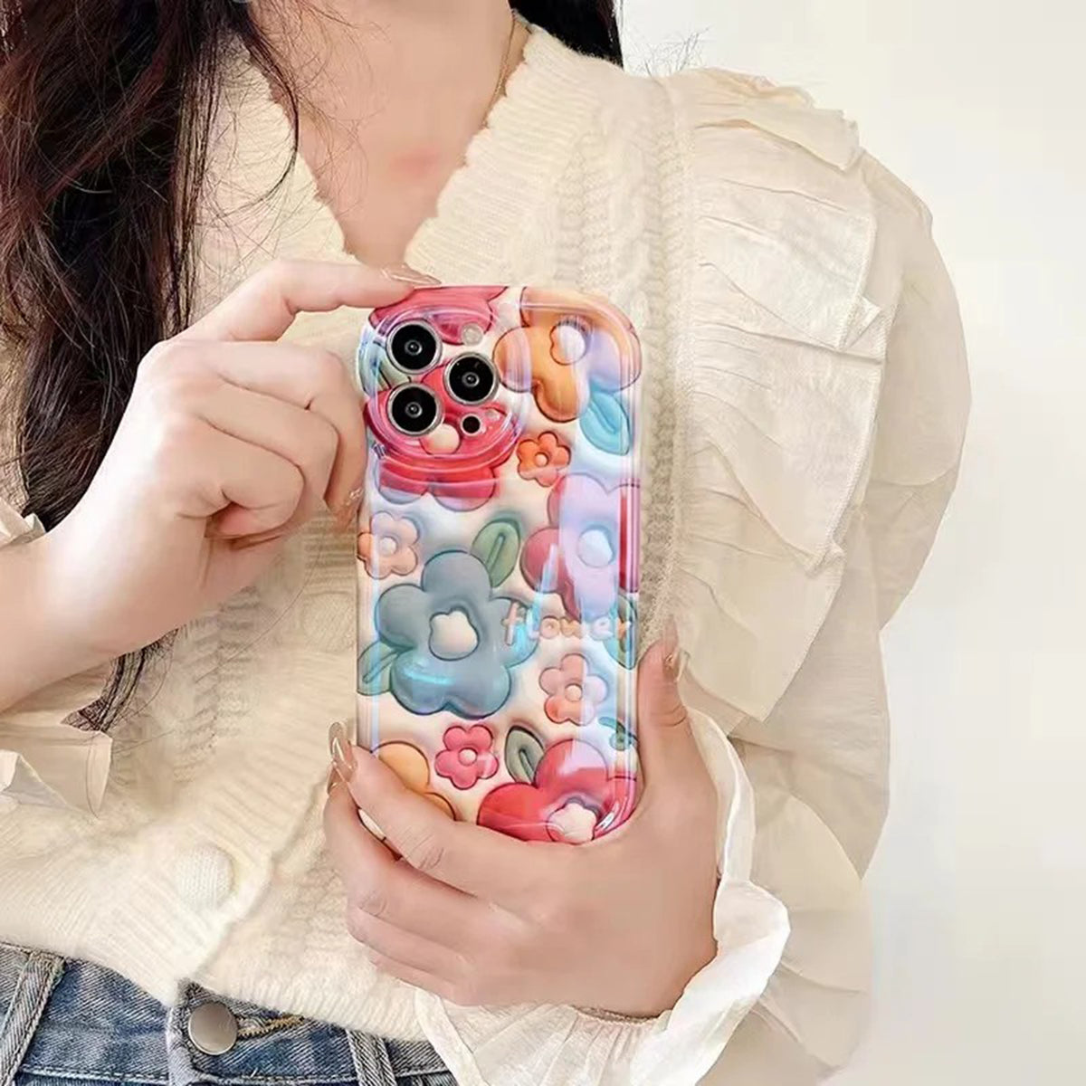 Cute Emboss Colorful Flowers Phone Case for iphone 11 12 13 14 15 Anti-drop All-inclusive Anti-knock Shockproof Cover