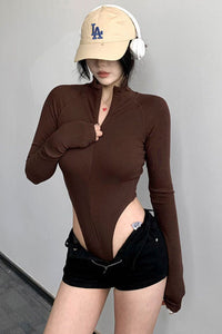 Women Fashion Long Sleeve Zip Tight Bodysuit