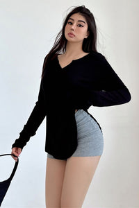 Fashion Women V-Neck Long Sleeve Tight Top Tee