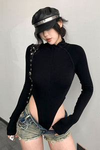 Women Fashion Long Sleeve Zip Tight Bodysuit