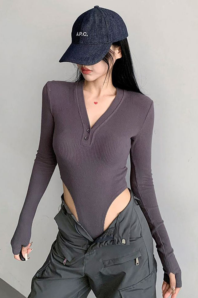 Fashion Women Buttons V-Neck Long Sleeve Tight Bodysuit