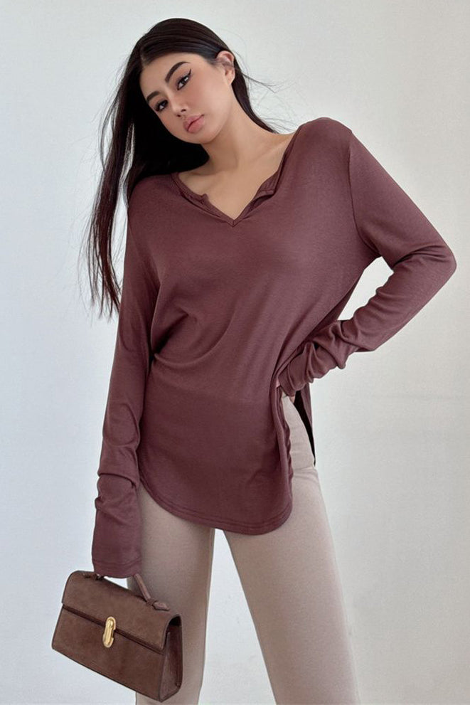 Fashion Women V-Neck Long Sleeve Tight Top Tee