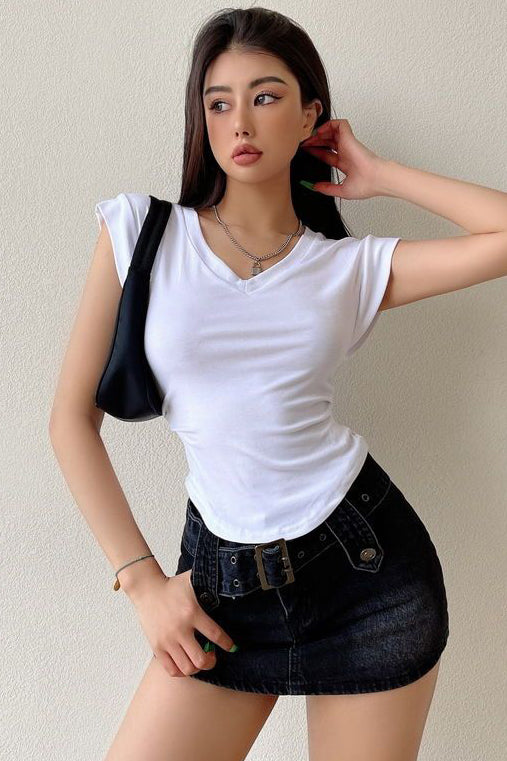 Women Fashion V-Neck Short Sleeve Top Tee