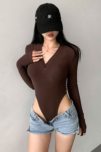 Fashion Women Buttons V-Neck Long Sleeve Tight Bodysuit