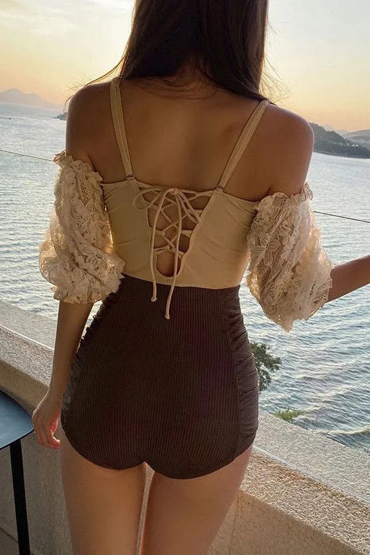 Sexy Women Lace Strappy Short Sleeve One Piece Swimwear Bikini Swimsuit