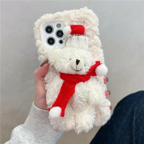 Cute Cartoon Christmas Bear Winter Fur Phone Case For iPhone 15 14 13 12 11 Pro Max Shockproof Soft Cover