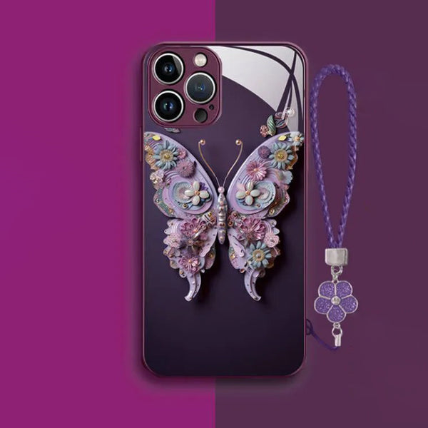 Flat 3D Butterfly Pattern Glass Cover for iPhone Floral Butterfly Pattern Case for iPhone 12 13 14 15 Girly Phone Cases Protective Cover
