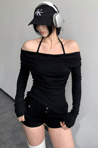 Women Sexy Off Shoulder Halter Long Sleeve Top Tee