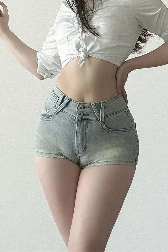 Retro Women Mid Waist Zip Denim Shorts