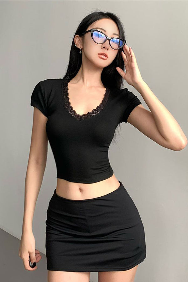 Sexy Women Lace V-Neck Short Sleeve Crop Top Tee